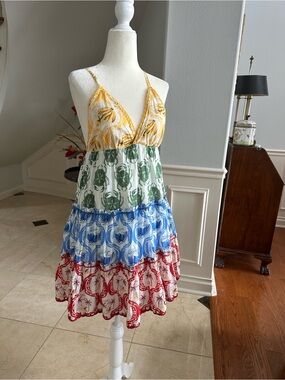 FARM Rio Yellow Green Blue Red Tiered Spaghetti-Strap Dress